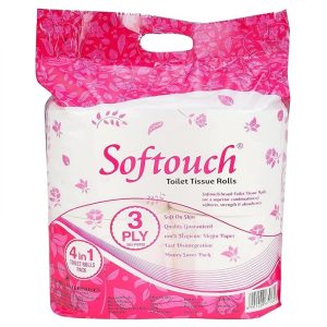 Softouch 3 Ply Toilet Paper Tissue Roll - 4 Rolls (375 Sheets Per Roll)